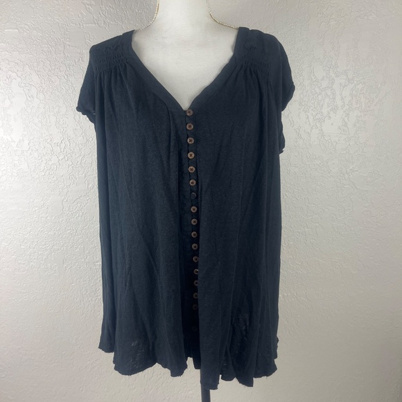 Free People Women’s Highland Linen Tunic Top Sz Large Button Up Hi-Low Black - Picture 3 of 16